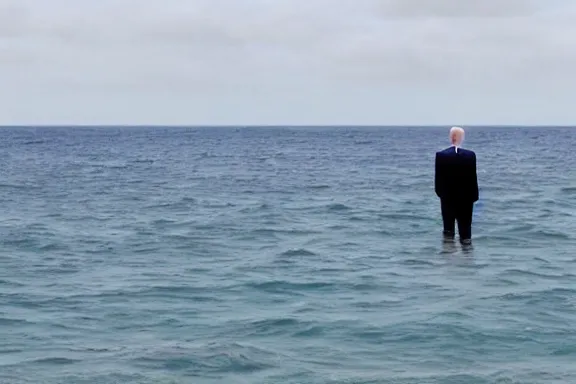 Image similar to a far away shot of Joe Biden standing in the ocean