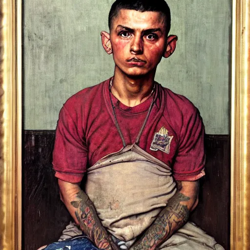 Image similar to A Frontal portrait of an MS-13 gang member as a prisoner awaiting sentancing. A painting by Norman Rockwell.