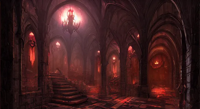 Image similar to dark sinister vampire lair interior by Marc Simonetti, adventure game