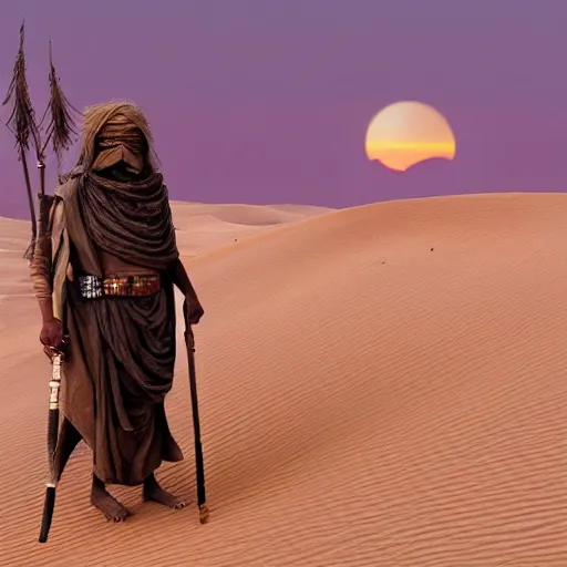 Image similar to man wearing tan turban in the desert Tusken Raider Dune (2021) Witch-king of Angmar. Desert twilight purple sunset beautiful art by Roger Deakins Jeremy Saulnier Newton Thomas Sigel Robert Elswit Greig Fraser trending rtx on ue5