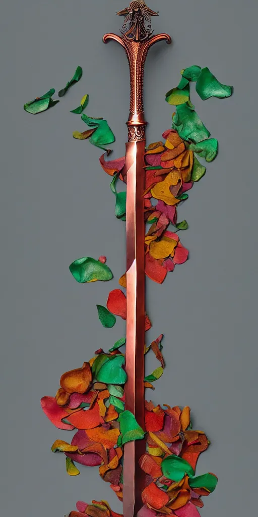 Image similar to a sword made from flower petals in the style of zdzisław beksinski, elegant, copper and emerald