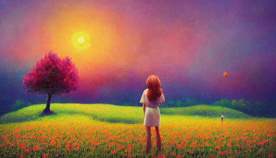 Image similar to girl with a flower face, surreal photography, dream, standing in flower field, hills, big trees, sunrise dramatic light, impressionist painting, colorful clouds, digital painting, pointillism, artstation, simon stalenhag, surreal