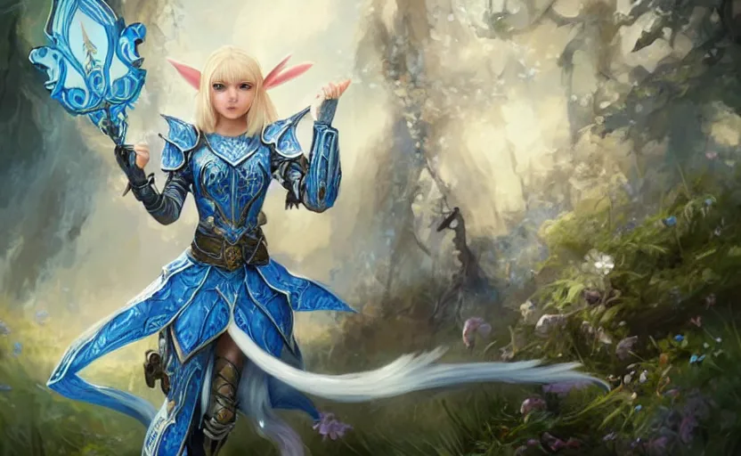 Prompt: young blonde female elf warrior in blue and white armor, surrounded by rabbit knights, epic wallpaper, high fantasy, flowers and trees, intricate detail, digital painting, artstation, concept art, smooth, sharp focus, illustration, art by wlop and raymond swanland and ross tran