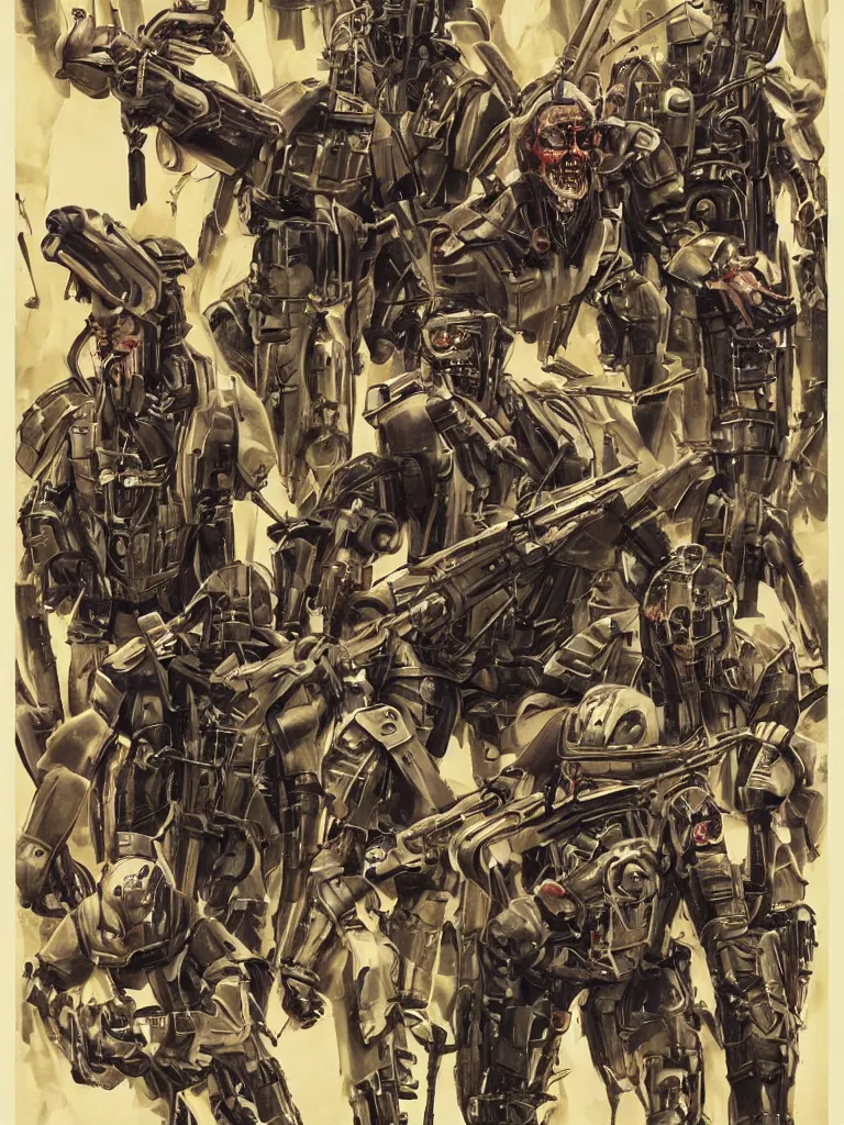 Image similar to Poster for the Movie Schwartzlicht,about Chinese Russian Zombie Troopers Designed By Yasushi Nirasawa battle Japanese America Cyborgs Designed by Syd Mead and Giger, 1970s style, very detailed bold text says: Schwarzlicht