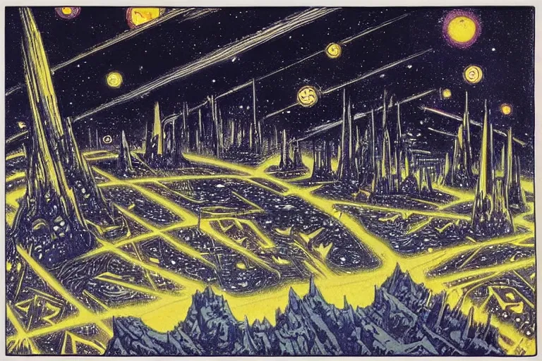 Image similar to a scifi illustration, Night City on Hoth by Louis Wain (1920)