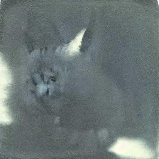 Image similar to black cloudy shadow of a cat, cuddly fur, blurry, mystical, misty, dreamy, shadow polaroid photo