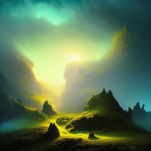 Image similar to fantasy aerial iceland landscape is seen inside the human eye!!!!!, volumetric lighting, colorful, sharp and focus, ultra detailed, beautifully lit landscape, astrophotography, in the art style of dan mumford, ivan aivazovsky and marc simonetti