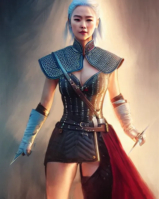 Image similar to Zhang Ziyi as Ciri from Witcher 3 by Artgerm and Greg Rutkowski, wearing haute couture by schiaparelli, sharp focus, sun rays, intricate, elegant, highly detailed, digital painting, masterpiece.