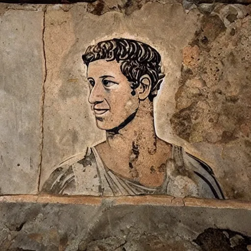 Image similar to photo of an ancient roman fresco on a wall in an ancient roman villa : mark zuckerberg as a roman noble senator. dressed in a white toga. serious facial expression. grills meats. detailed, intricate artwork. faded shadows