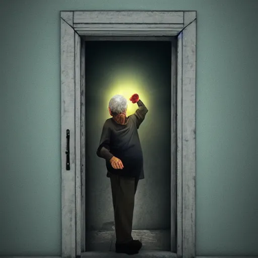 Prompt: old man going through a door to another dimension, digital art, 4 k, fantasy