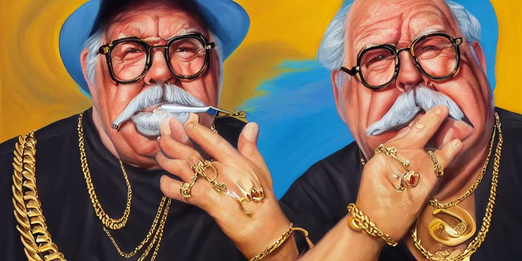 Image similar to wilford brimley rapper wearing gold chains with gold rings on his fingers diabeetus high fidelity painting high resolution trending on artstation