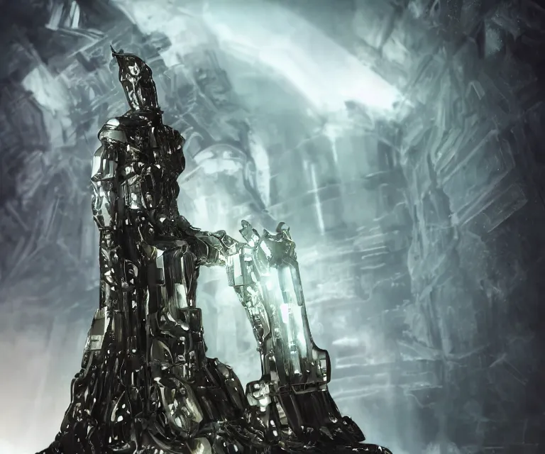 Image similar to translucent cyborg, metal throne, futuristic castle, fantasy sci - fi, sharp lines, metallic, 7 0 mm focus