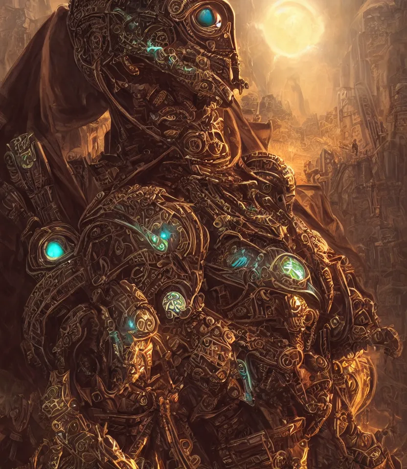 Prompt: beautiful portrait of necron lord, cheeky smile, glowing eyes, intricate details, colourful, atmospheric light, ominous ancient city on the background, dark fantasy, ultra realistic details, detailed face, artstation, illustration, one character, symmetrical, by arthur adams