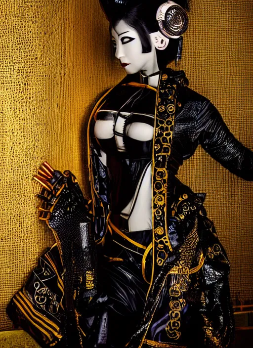 Image similar to portrait of a seductive cyberpunk latex geisha raver cyborg, modern fine art, golden ratio, dark fantasy, cyberpunk, octane render, fractal, in the style of ghosts in the machine, intricate ornaments, elegant, highly detailed, ornate, wlop