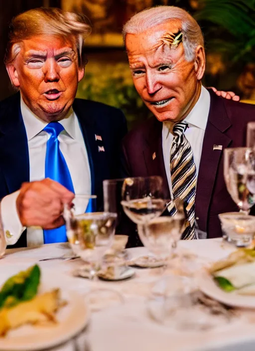 Prompt: Trump and Biden having dinner at a fancy Balinese restaurant, award winning photography, sigma 85mm Lens F/1.4, perfect faces