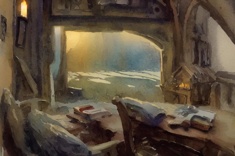 Prompt: small centered on watercolor paper, paint brush strokes, abstract watercolor painting of traditional scandinavian wooden church, medieval chapel at dawn, cinematic light, national romanticism by hans dahl, by jesper ejsing, by anders zorn, by greg rutkowski, by greg manchess, by tyler edlin