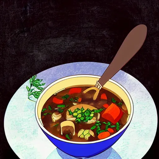 Image similar to a bowl of steak soup on a table lower corner view in the style of studio ghibli, manhwa, painterly, fancy