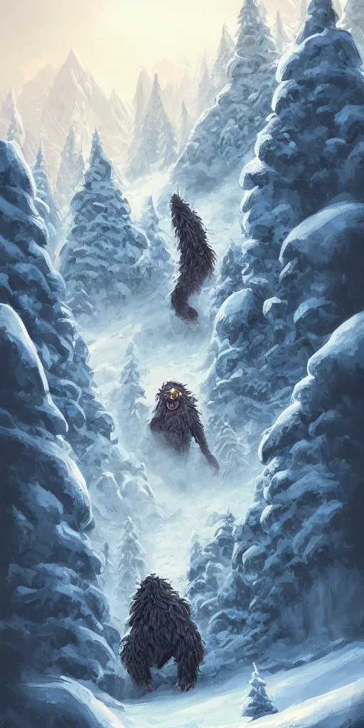Prompt: a giant hairy and terrifying cryptid monster lurking halfway up a snowy mountain in the style of Sylvain Sarrailh, wispy magical smoke, beautiful digital art, cinematic composition, detailed, concept art, Matt painting, oil painting, high res