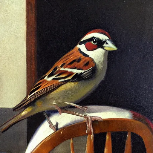 Image similar to an oil paiting of a sparrow perched on a chair, highly detailed, oleo, artstation, sharp focus, by diego velazquez