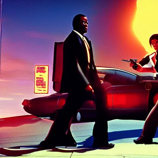 Image similar to pulp fiction frame in a sci - fi setting, movie still, photography, hyper detailed, dramatic ligthing, 8 k