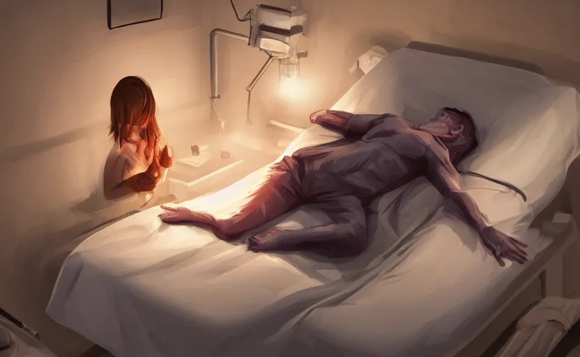 Image similar to android prevents human from sleeping. detailed illustration, anatomically correct, accurate proportion, atmospheric lighting, dark, 8 k, sharp focus, global illumination, paid artwork, portfolio