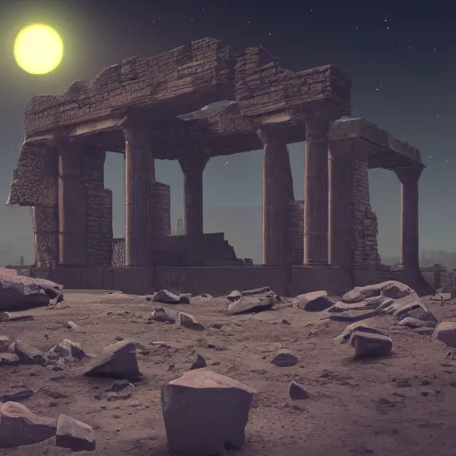 Prompt: ancient ruins on the moon, retrowave epic art, trending on art station