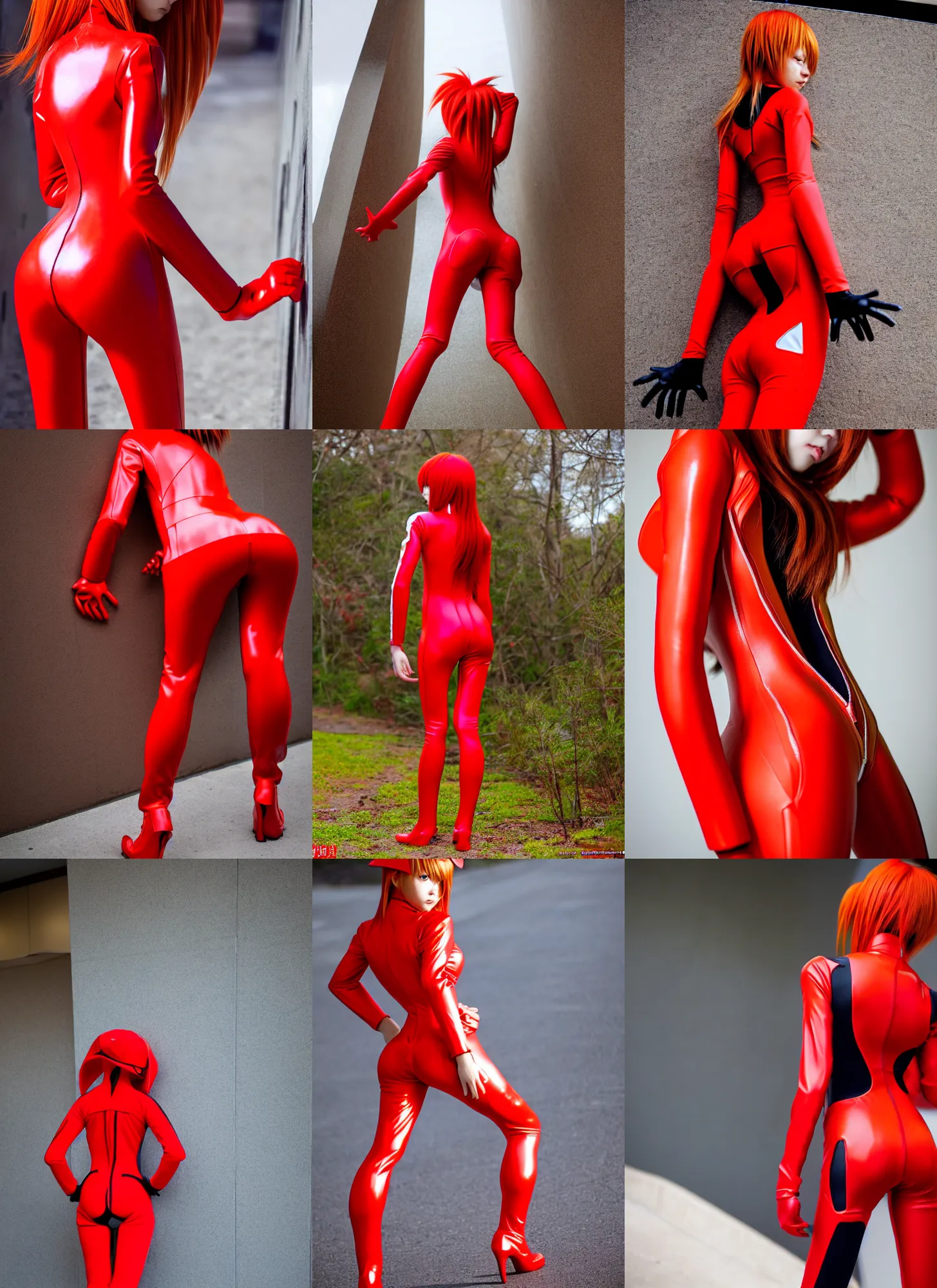 Prompt: Asuka Langley in her signature red plugsuit under jacket , brown jacket , from behind , brown hair, dark hat, photorealistic perfect body , hourglass! slim figure , juicy legs , view from behind , medium shot, body zenkai! Asuka suit under clothes, solo photoshoot , DSLR , wallpaper , cosplay , full body , cinematic 4K blu-ray , japanese Evangelion Rebuild live-action movie