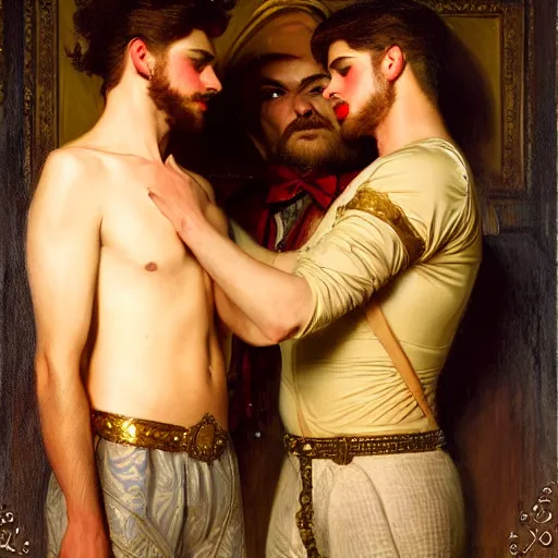 Image similar to attractive fully clothed king confesses his love for his attractive fully clothed male prince. highly detailed painting by gaston bussiere and j. c. leyendecker 8 k