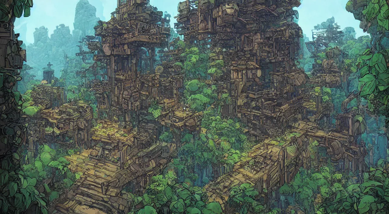 Image similar to open door wood wall fortress greeble block amazon jungle on portal unknow world ambiant fornite that looks like it is from borderlands and by feng zhu and loish and laurie greasley, victo ngai, andreas rocha, john harris