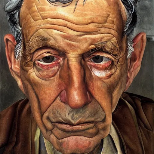 Image similar to high quality high detail painting by lucian freud, hd, portrait of an older man, worried, sad, handsome face, brown skin, short white beard, a tear falls from his right eye, photorealistic lighting