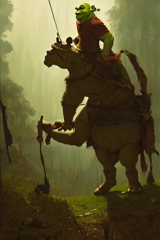 Image similar to shrek. the greatest warrior in the land by carl spitzweg, ismail inceoglu, vdragan bibin, hans thoma, greg rutkowski, alexandros pyromallis, perfect face, fine details, realistic shaded