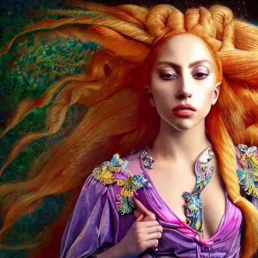 Image similar to photo realistic, hyper realism, lady gaga artpop act ii album, intricate detail, hyper detail, gaston bussiere, sandro botticelli style, with neon aqua rapunzel dreadlocks, detailed, masterpiece, sharp focus,