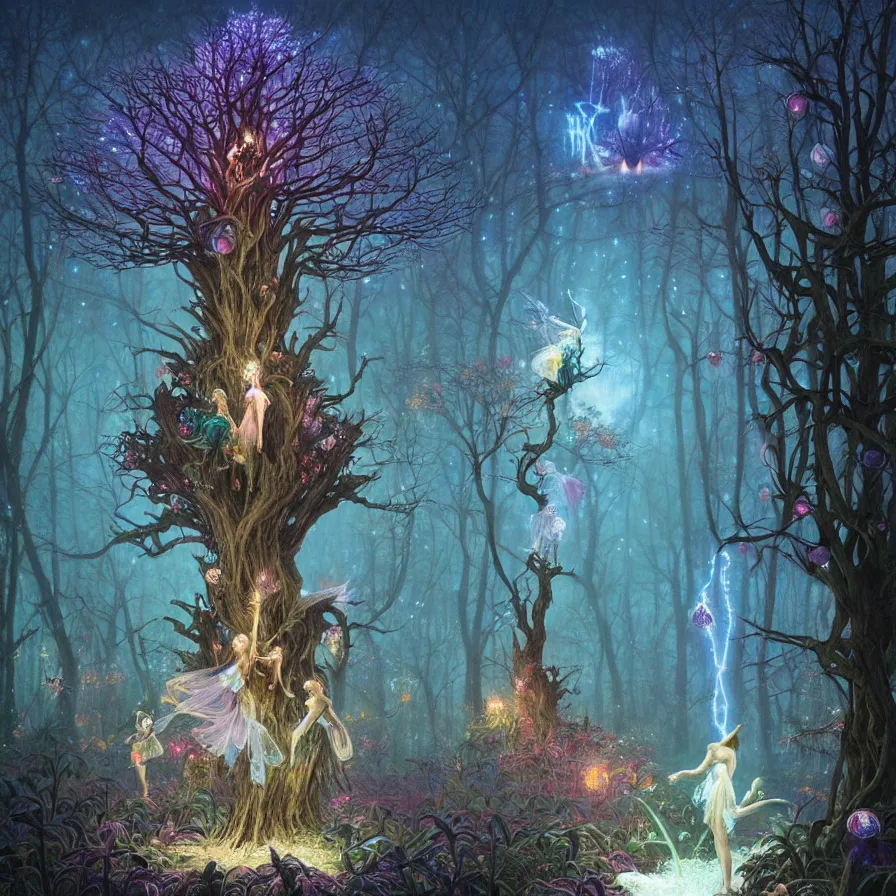 Prompt: a night carnival fairies around a magical tree, christmas lights, creatures and fantastic people disguised as fantastic creatures in a magical forest by summer night, masterpieceunderwater scene, painted by zdzislaw beksinski and artgerm and greg rutkowski and alphonse mucha and rene laloux, volumetric lightning