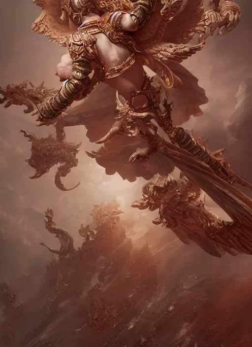 Image similar to high intricate porcelain baroque angelic warrior flying over a vast sea of hell demons, maria panfilova, andrea savchenko, mike kime, ludovic plouffe, qi sheng luo, oliver cook, trending on artstation