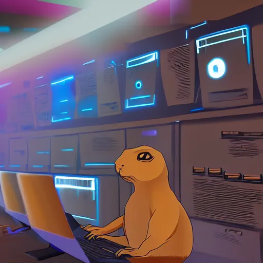 Prompt: prairie dog!! hacker in a blue-lit room surrounded by computers, cyberpunk, highly detailed, trending on pixiv