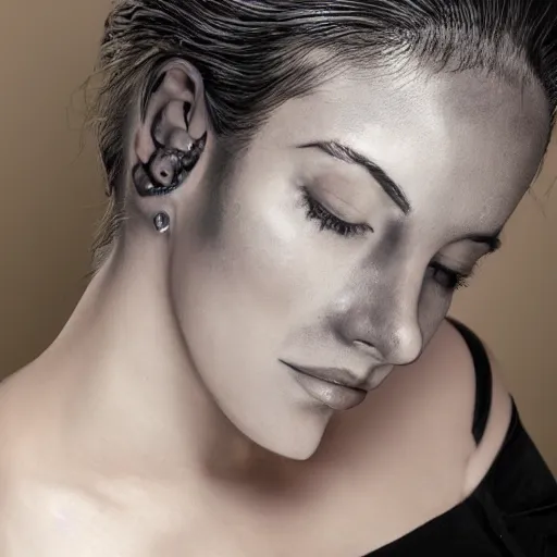 Prompt: tattoo of a woman [ stamped onto a forehead ]!!, portrait!!, [ 4 k photorealism ], 8 k quality