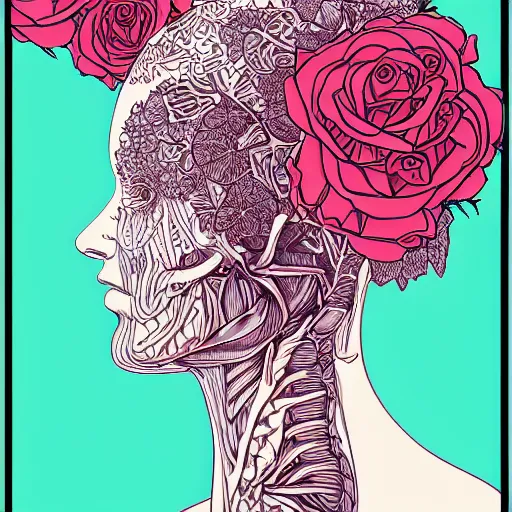 Image similar to the anatomy of a head of lettuce with roses that resemble a beautiful girl, an ultrafine detailed illustration by james jean, intricate linework, bright colors, final fantasy, behance contest winner, vanitas, angular, altermodern, unreal engine 5 highly rendered, global illumination, radiant light, detailed and intricate environment