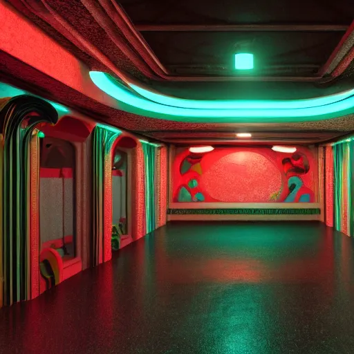 Image similar to underground cinema, realistic architecture, colorfull lights, octane render, 4k, 8k