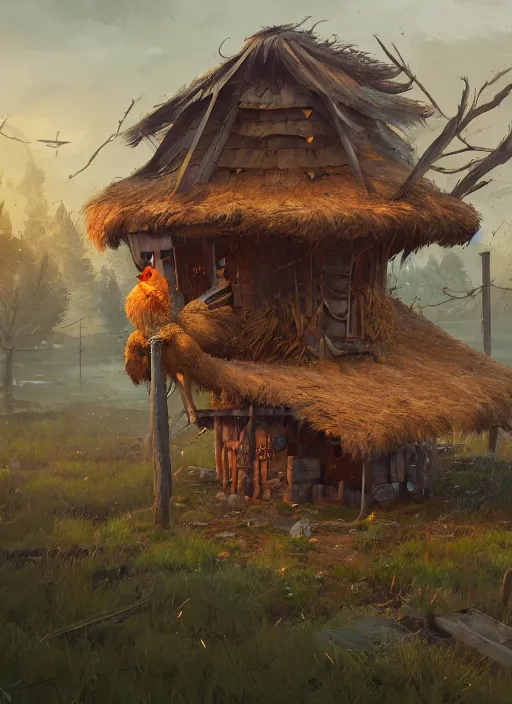 Image similar to hut with big chicken legs, greg rutkowski, zabrocki, karlkka, jayison devadas, trending on artstation, 8 k, ultra wide angle, zenith view, pincushion lens effect