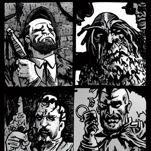 Image similar to A close up shot of four graves. Dark Fantasy, Film Noir, Black and White. High Contrast, Mike Mignola, D&D, OSR