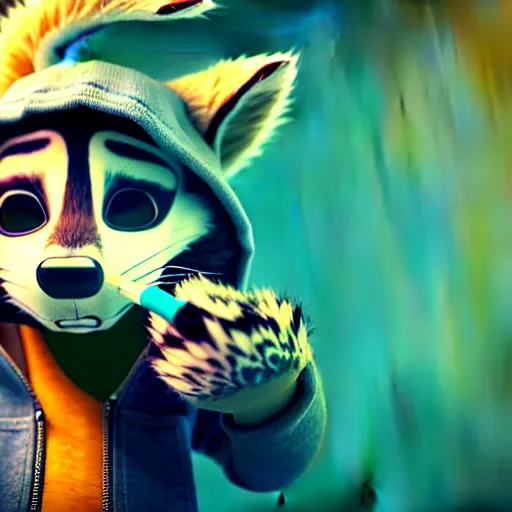 Image similar to a very relaxed stoner with a black hoodie on with a furry raccoon head from zootopia, wearing teal beanie, holding a small vape, blowing out smoke, 3 d render, 8 k, 4 k, extremely detailed fur, wearing a cool marijuana leaf t - shirt