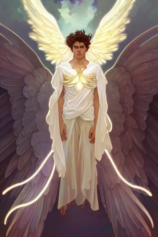 Prompt: a beautiful young fit male angel with curly blond hairs, dressed with fluent clothes, majestic symmetrical wings, luminous halo, by greg rutkowski and alphonse mucha, d & d character, gradient white to gold, in front of an iridescent background, highly detailed portrait, digital painting, artstation, concept art, smooth, sharp focus illustration, artstation hq