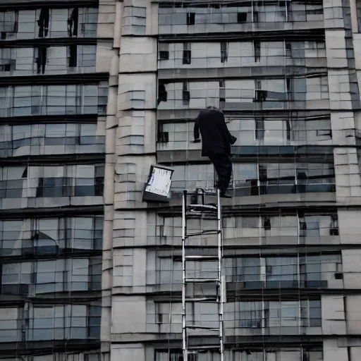 Prompt: a man trying to write the word the on top of a building in stilts