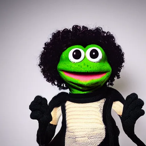 Prompt: pepe the frog as a muppet, product photography, commercial lighting