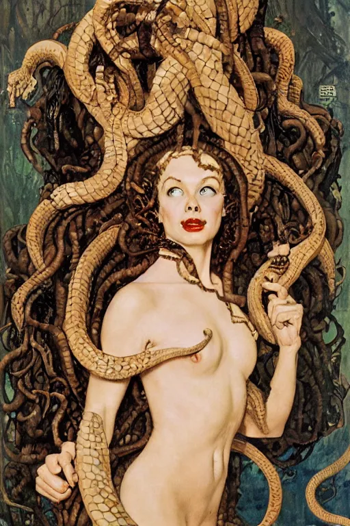 Image similar to head and shoulders portrait of fierce woman as medusa with snakes growing out of her head, norman rockwell, jacob collins, tom lovell, frank schoonover