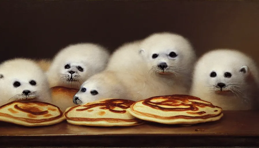 Image similar to highly detailed painting of cute furry white baby seals in a pile of jam pancakes on a table by william turner, by greg rutkowski, by william constable, thick brush strokes and visible paint layers, 4 k resolution