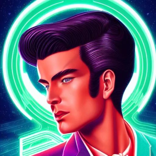 Image similar to a stunning glamor profile portrait of an art deco synthwave man, 80s nostalgia, by Evelyn De Morgan and Ross Tran, rossdraws