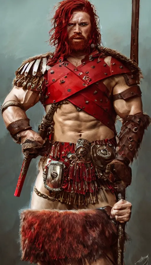 Image similar to bulky muscular scottish warrior with red hair and a kilt, tribal blood red war paintings on his chest, bronze plate armor, 4 k oil on linen by wlop, artgerm, andrei riabovitchev, nuri iyem, james gurney, james jean, greg rutkowski, highly detailed, soft lighting 8 k resolution