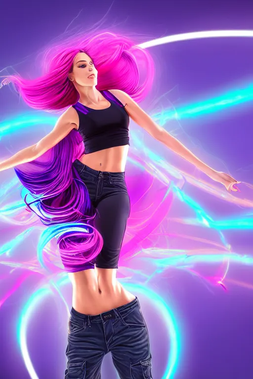 Image similar to a award winning half body portrait of a beautiful woman in a croptop and cargo pants with ombre purple pink teal hairstyle with head in motion and hair flying, surrounded by whirling illuminated lines, outrun, vaporware, shaded flat illustration, digital art, trending on artstation, highly detailed, fine detail, intricate