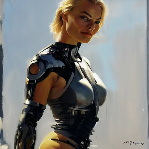 Image similar to greg manchess portrait painting of margot robbie as t - 8 0 0 terminator, medium shot, asymmetrical, profile picture, organic painting, sunny day, matte painting, bold shapes, hard edges, street art, trending on artstation, by huang guangjian and gil elvgren and sachin teng